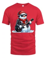 Rockin’ Snowman Guitar Player Cool Winter Christmas Graphic Tee - red t-shirt on white background