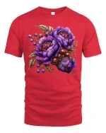 Elegant Purple Floral Bouquet Art Tee with Vintage Accents - red t-shirt on white background
