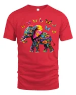 Colorful Floral Elephant with Butterflies Artistic Graphic Tee - red t-shirt on white background