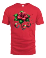 Christmas Hibiscus Flower Ribbon Music Notes Holiday Graphic Tee - red t-shirt on white background
