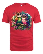 Colorful Owls in Floral Forest Fantasy Art Graphic Tee - red t-shirt on white background