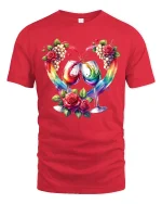Romantic Wine Glasses Rainbow Splash Roses Art Graphic Tee - red t-shirt on white background