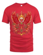 Fiery Eagle Phoenix Style Tribal Flame Art Graphic Tee - red t-shirt on white background