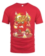 Funny Battle Fries Action Cartoon Explosive Graphic Tee - red t-shirt on white background