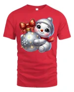 Cute Snowman Hugging Ornament Christmas Holiday Graphic Tee - red t-shirt on white background