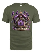 Whimsical Purple Birdhouse Fantasy Art Graphic Tee - military green t-shirt on white background