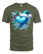 Blue Christmas Heart with Santa Hat Snowflake Holiday Tee - military green t-shirt on white background