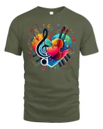Colorful Music Heart Piano Violin Treble Note Art Graphic Tee - military green t-shirt on white background