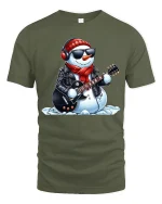 Rockin’ Snowman Guitar Player Cool Winter Christmas Graphic Tee - military green t-shirt on white background