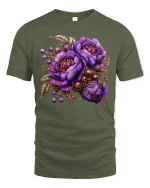 Elegant Purple Floral Bouquet Art Tee with Vintage Accents - military green t-shirt on white background