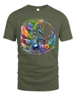 Floral Music Note Colorful Nature Art Tee for Music Lovers - military green t-shirt on white background