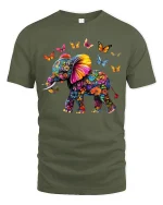 Colorful Floral Elephant with Butterflies Artistic Graphic Tee - military green t-shirt on white background