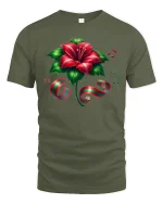 Christmas Hibiscus Flower Ribbon Music Notes Holiday Graphic Tee - military green t-shirt on white background