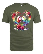 Romantic Wine Glasses Rainbow Splash Roses Art Graphic Tee - military green t-shirt on white background