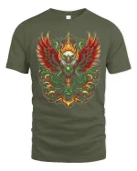 Fiery Eagle Phoenix Style Tribal Flame Art Graphic Tee - military green t-shirt on white background