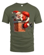 Funny Santa Stuck in Chimney Christmas Humor Graphic Tee - military green t-shirt on white background