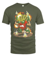 Funny Battle Fries Action Cartoon Explosive Graphic Tee - military green t-shirt on white background