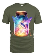 Glowing Dragonfly in Jar Fantasy Nature Art Graphic Tee - military green t-shirt on white background