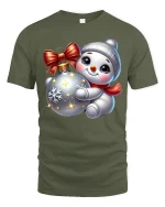 Cute Snowman Hugging Ornament Christmas Holiday Graphic Tee - military green t-shirt on white background