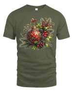 Elegant Christmas Ornament Holly Pinecone Festive Art Tee - military green t-shirt on white background