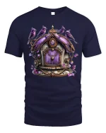 Whimsical Purple Birdhouse Fantasy Art Graphic Tee - navy t-shirt on white background