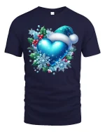Blue Christmas Heart with Santa Hat Snowflake Holiday Tee - navy t-shirt on white background