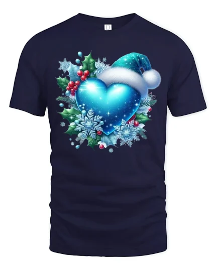 Blue Christmas Heart with Santa Hat Snowflake Holiday Tee - navy t-shirt on white background