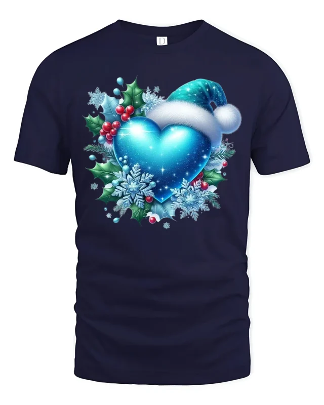 Blue Christmas Heart with Santa Hat Snowflake Holiday Tee - navy t-shirt on white background