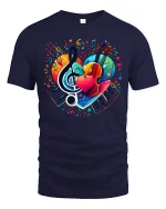 Colorful Music Heart Piano Violin Treble Note Art Graphic Tee - navy t-shirt on white background