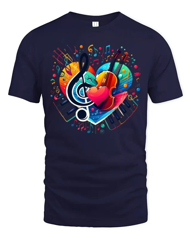 Colorful Music Heart Piano Violin Treble Note Art Graphic Tee - navy t-shirt on white background
