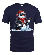 Rockin’ Snowman Guitar Player Cool Winter Christmas Graphic Tee - navy t-shirt on white background