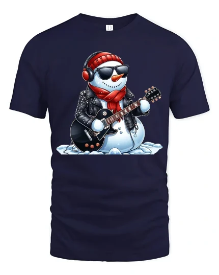 Rockin’ Snowman Guitar Player Cool Winter Christmas Graphic Tee - navy t-shirt on white background