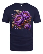 Elegant Purple Floral Bouquet Art Tee with Vintage Accents - navy t-shirt on white background