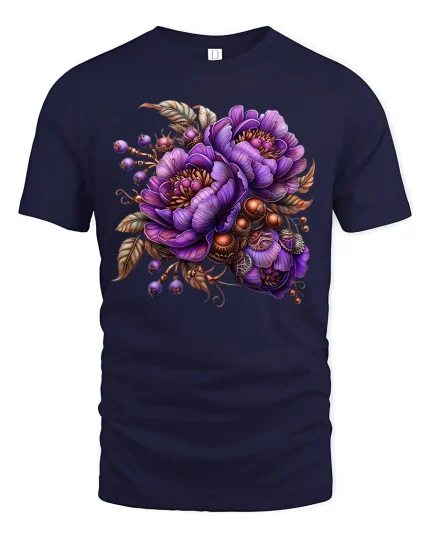 Elegant Purple Floral Bouquet Art Tee with Vintage Accents - navy t-shirt on white background