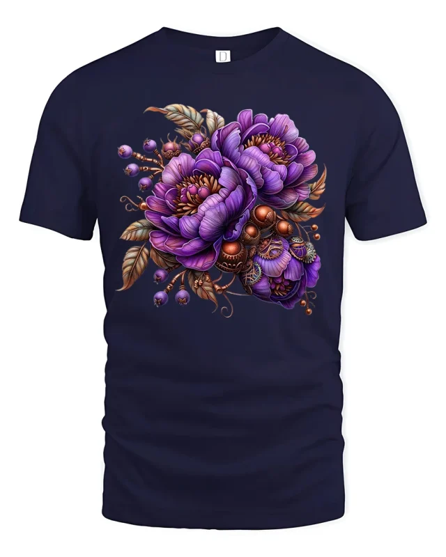 Elegant Purple Floral Bouquet Art Tee with Vintage Accents - navy t-shirt on white background