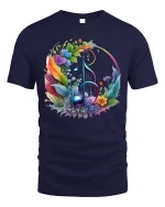 Floral Music Note Colorful Nature Art Tee for Music Lovers - navy t-shirt on white background
