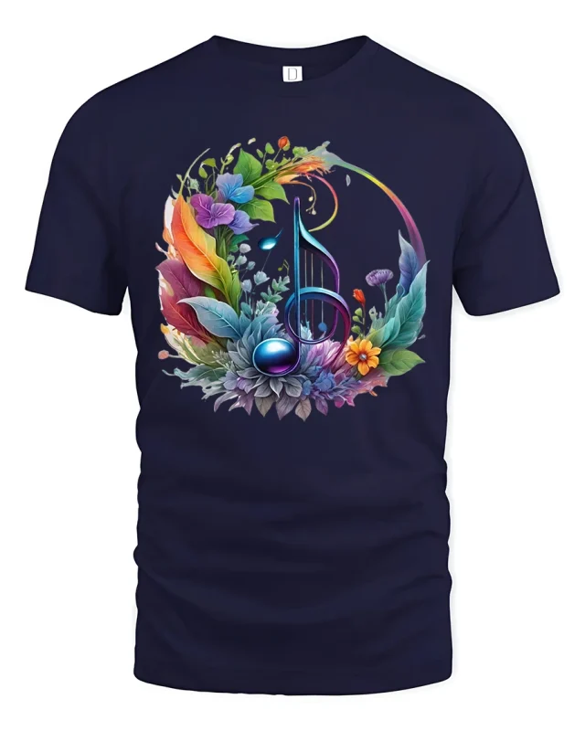 Floral Music Note Colorful Nature Art Tee for Music Lovers - navy t-shirt on white background