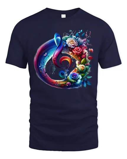Colorful Floral Music Note Art Tee for Creative Music Lovers - navy t-shirt on white background