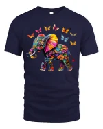 Colorful Floral Elephant with Butterflies Artistic Graphic Tee - navy t-shirt on white background