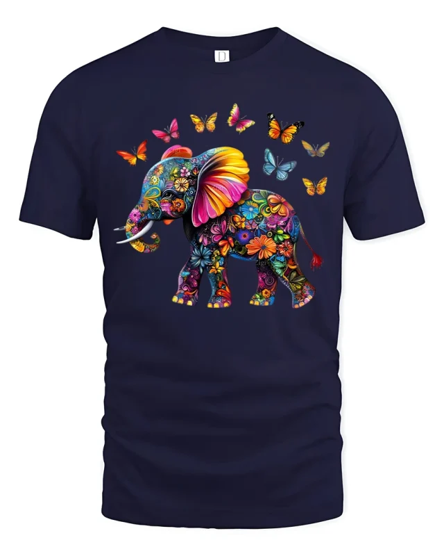 Colorful Floral Elephant with Butterflies Artistic Graphic Tee - navy t-shirt on white background