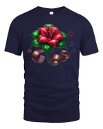 Christmas Hibiscus Flower Ribbon Music Notes Holiday Graphic Tee - navy t-shirt on white background