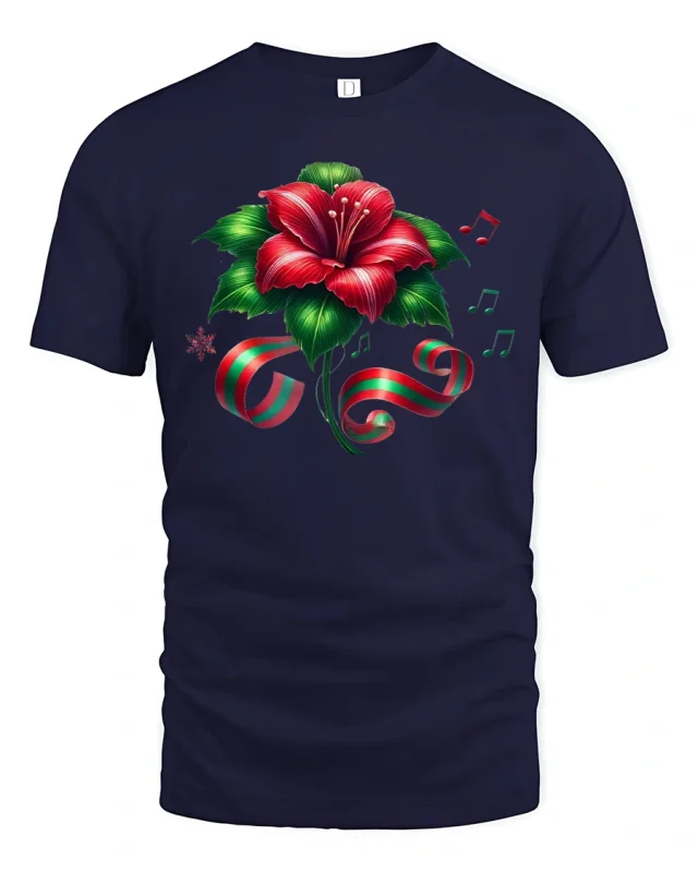 Christmas Hibiscus Flower Ribbon Music Notes Holiday Graphic Tee - navy t-shirt on white background