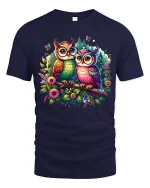 Colorful Owls in Floral Forest Fantasy Art Graphic Tee - navy t-shirt on white background