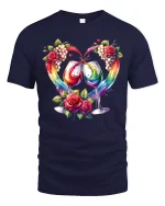 Romantic Wine Glasses Rainbow Splash Roses Art Graphic Tee - navy t-shirt on white background