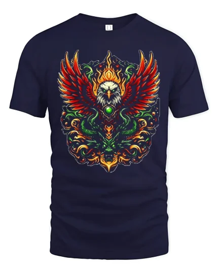 Fiery Eagle Phoenix Style Tribal Flame Art Graphic Tee - navy t-shirt on white background