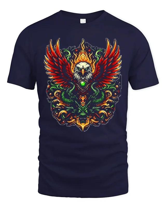 Fiery Eagle Phoenix Style Tribal Flame Art Graphic Tee - navy t-shirt on white background