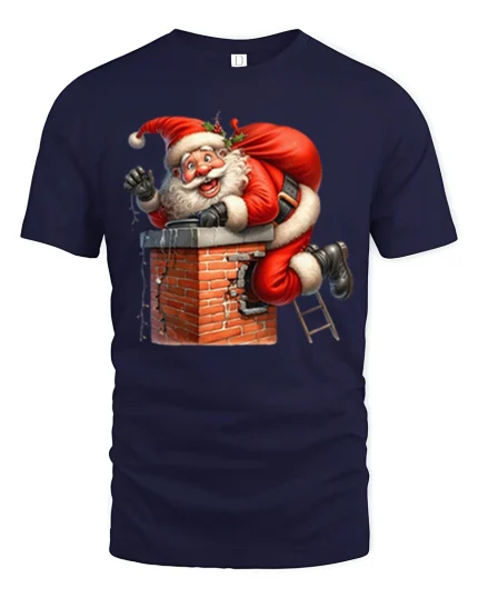 Funny Santa Stuck in Chimney Christmas Humor Graphic Tee - navy t-shirt on white background