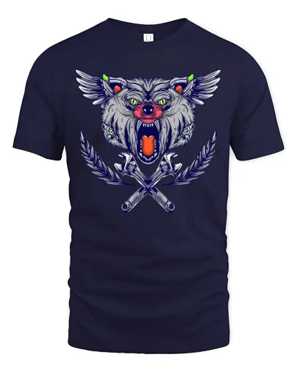 Fierce Winged Wolf Wrench Cross Tribal Mechanic Art Tee - navy t-shirt on white background