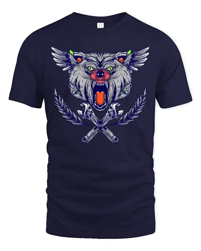 Fierce Winged Wolf Wrench Cross Tribal Mechanic Art Tee - navy t-shirt on white background