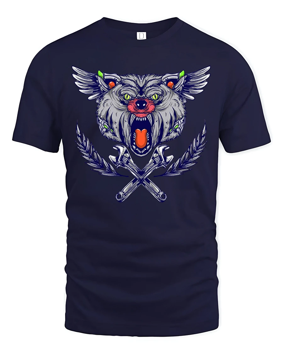 Fierce Winged Wolf Wrench Cross Tribal Mechanic Art Tee - 1 Fierce Winged Wolf Wrench Cross Tribal Mechanic Art Tee - navy t-shirt on white background